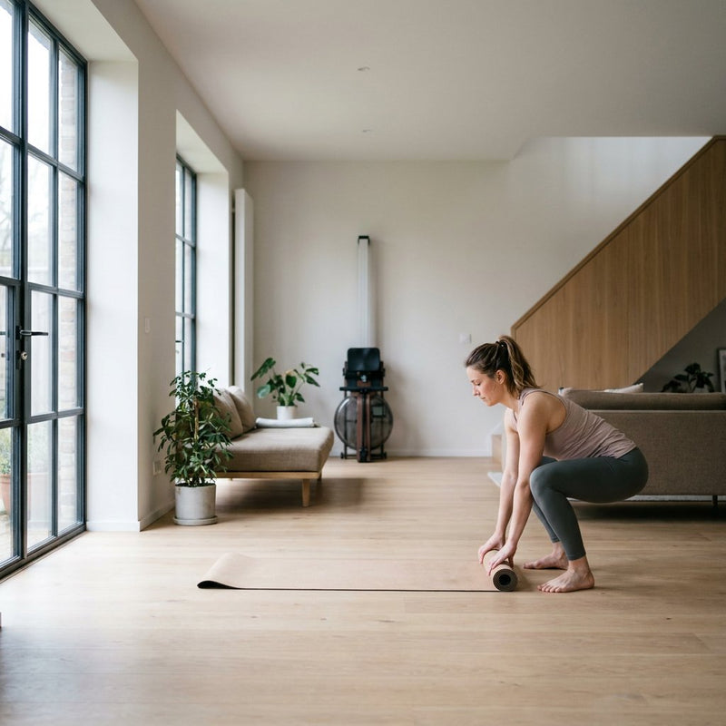 Jonge volwassene doet een thuisworkout met squats en mat in een moderne woonkamer, met trap en compact fitnessapparaat op de achtergrond.