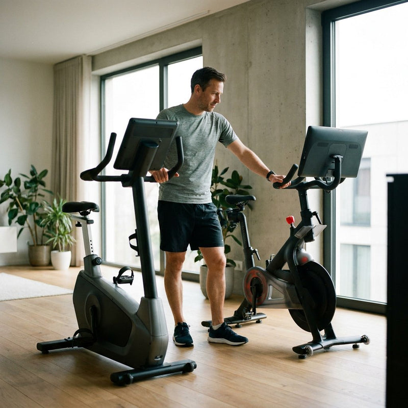 Twee fitnessfietsen naast elkaar in een moderne thuisgym: een comfortabele hometrainer en een sportieve spinningfiets in zacht daglicht.