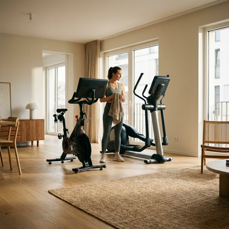 Vrouw in een lichte moderne woonkamer tussen hometrainer en crosstrainer, twijfelend welke cardio-optie het beste past om thuis af te vallen.