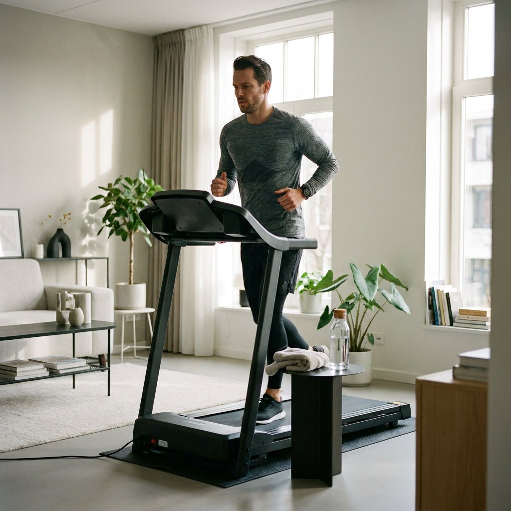 Sportieve man volgt een loopband trainingsschema op een compacte loopband in een moderne lichte woonkamer, met focus op tempo en thuis trainen.