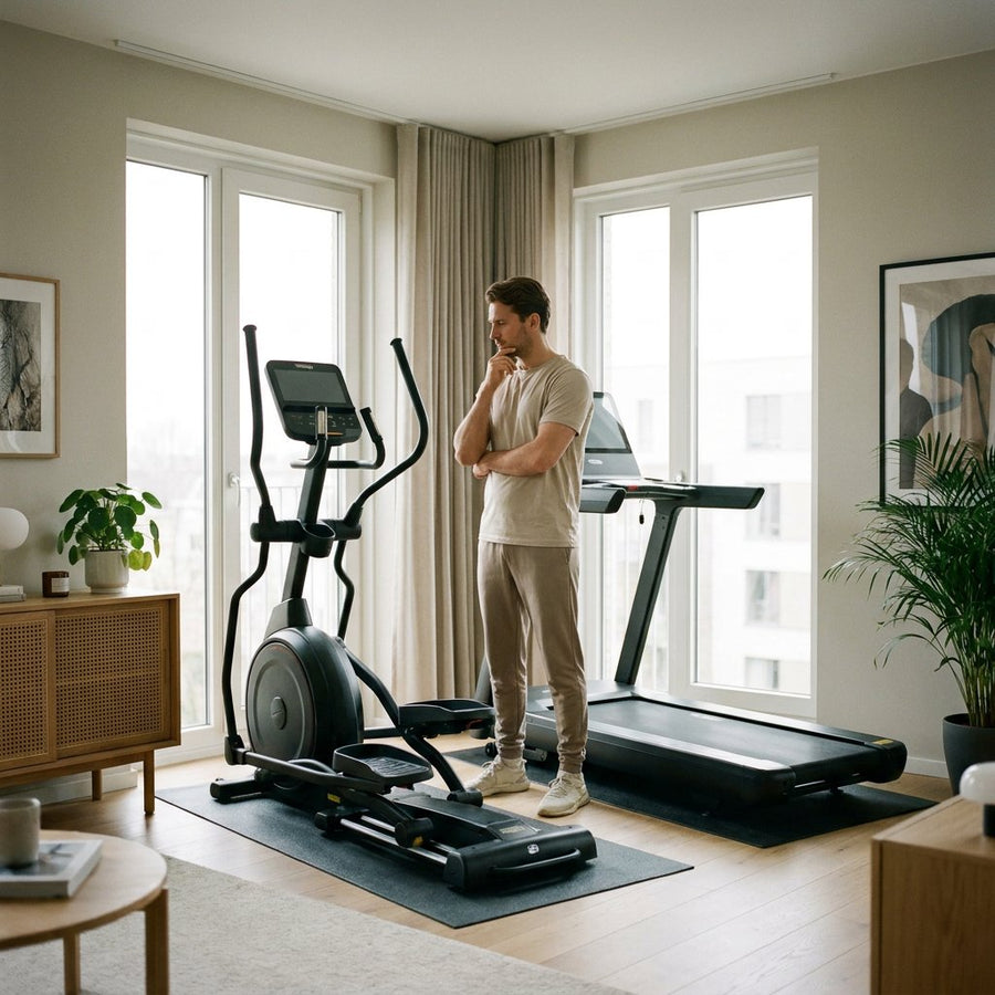 Moderne thuisgym in een licht Europees interieur met een crosstrainer en loopband naast elkaar, terwijl een sporter twijfelend tussen beide kijkt.