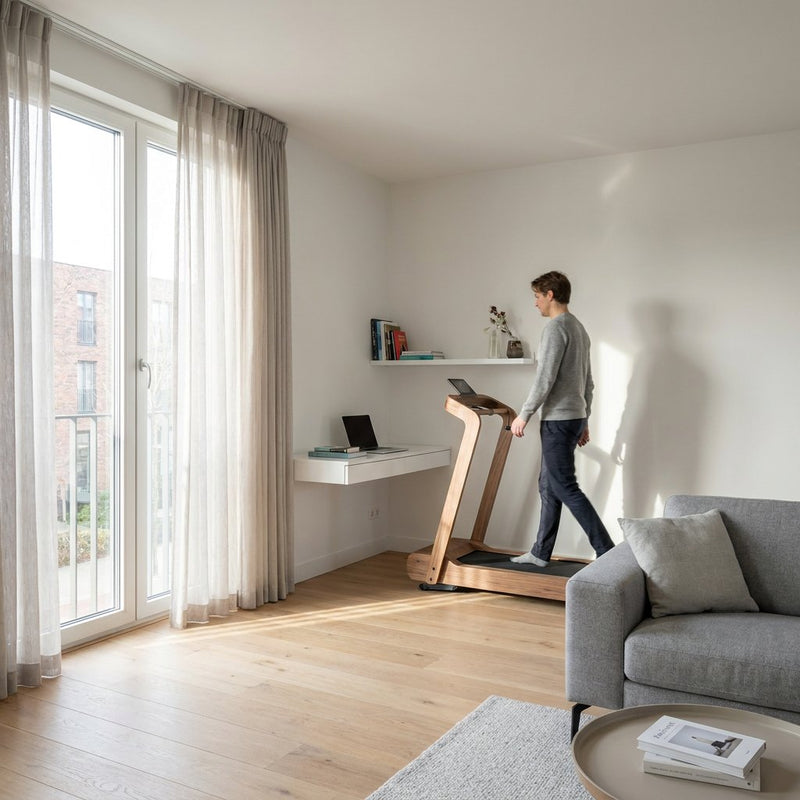 Moderne thuisloopband in een lichte woonkamer, met een sportieve volwassene die rustig wandelt naast een bureau en grote ramen.