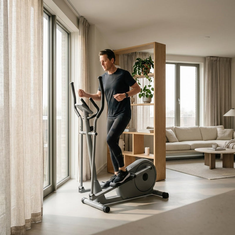 Sportieve volwassene traint op een moderne crosstrainer in een lichte, stijlvolle woonkamer, met focus op houding, ritme en ontspannen thuisfitness.