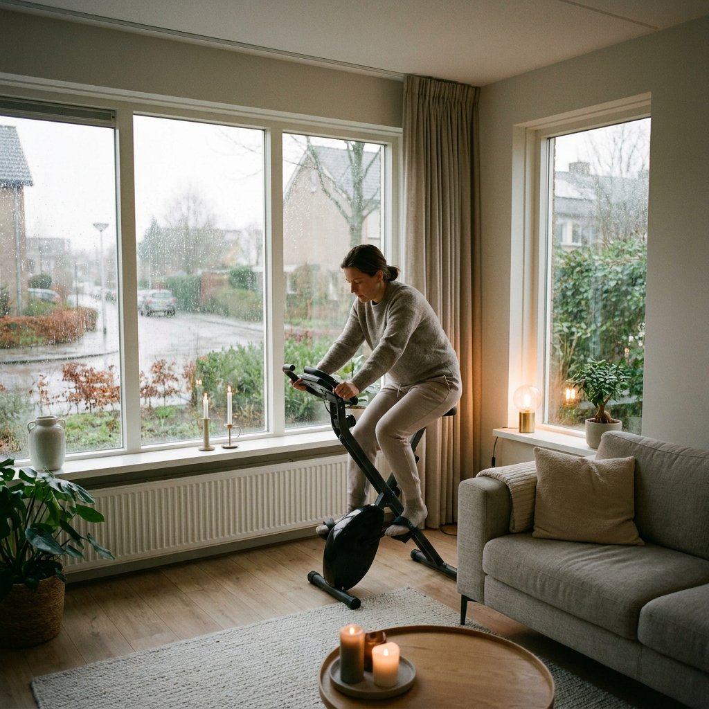 Volwassene sport thuis op een compacte hometrainer in een moderne woonkamer, terwijl zacht winterlicht door het raam valt.
