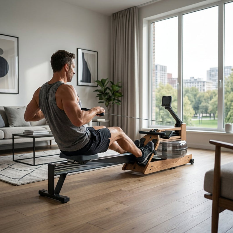 Sporter op een moderne roeimachine in een lichte woonkamer, met nadruk op benen, rug en armen tijdens een krachtige haal.