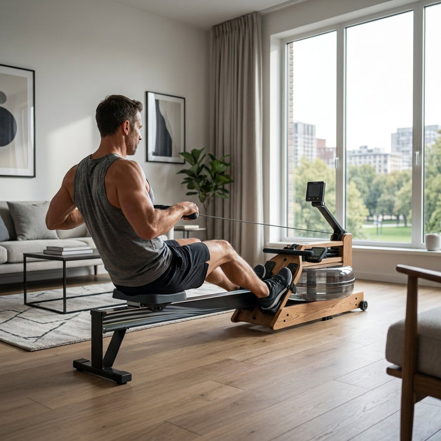 Sporter op een moderne roeimachine in een lichte woonkamer, met nadruk op benen, rug en armen tijdens een krachtige haal.