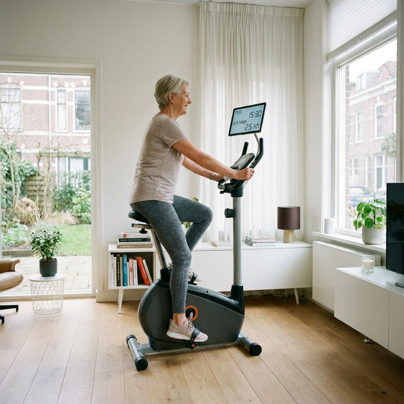 Oudere vrouw fietst rustig op een hometrainer met lage instap in een lichte moderne woonkamer, met focus op comfort, stabiliteit en eenvoudige bediening.