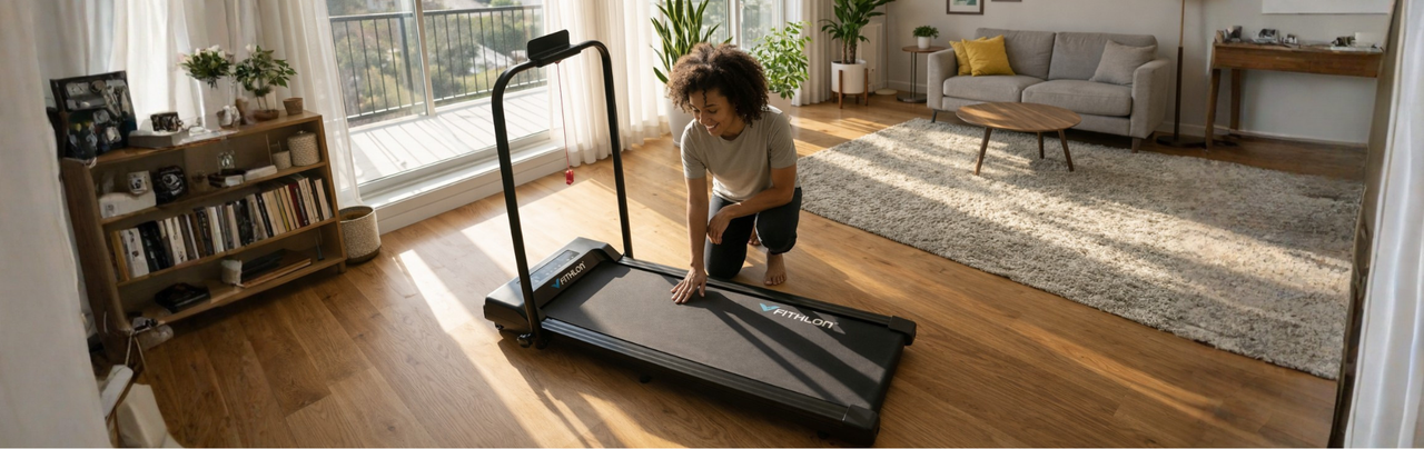 Vrouw klapt een compacte Fithlon loopband uit in een moderne woonkamer