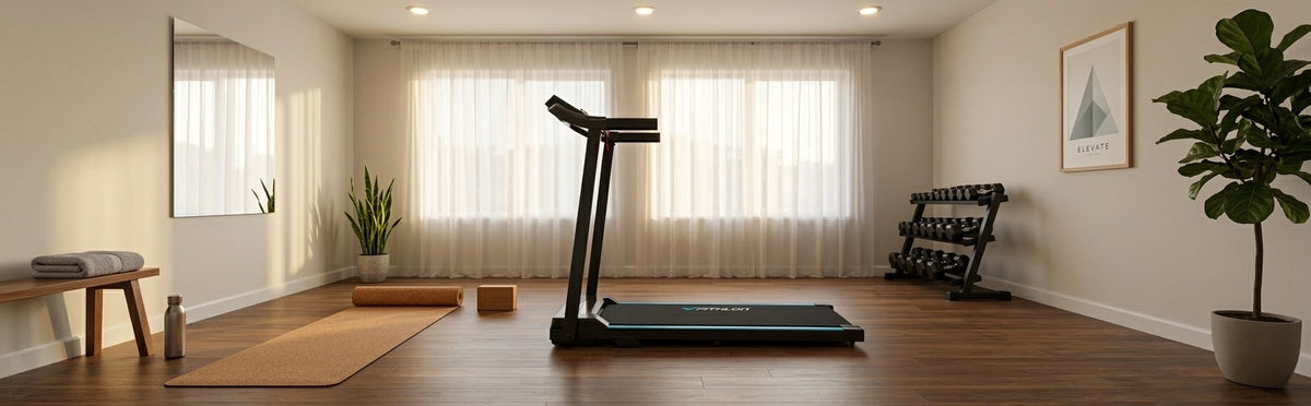 Compacte Fithlon loopband in een ingerichte trainingsruimte voor thuis