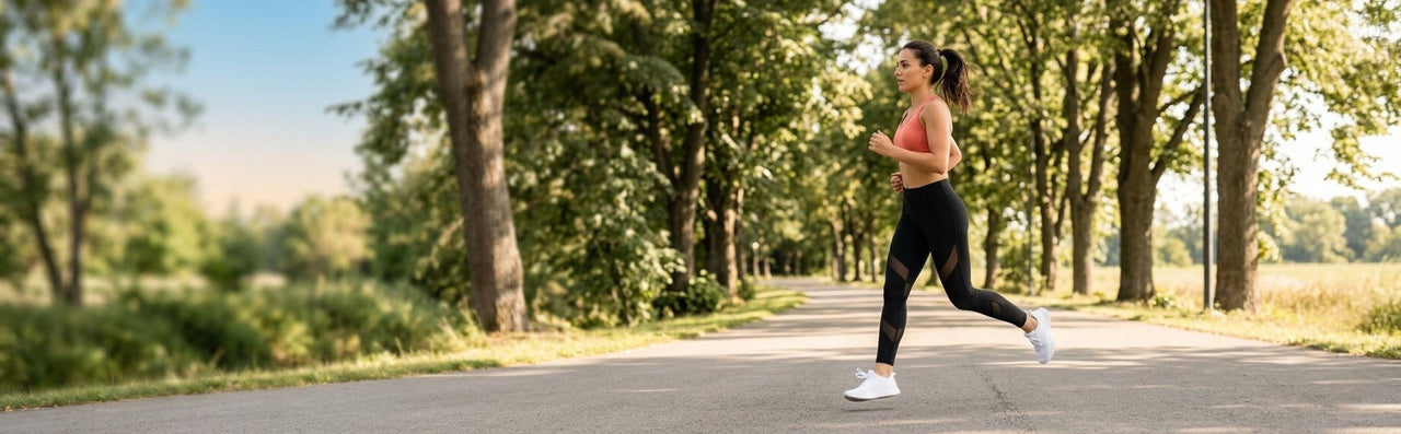 Vrouw hardloopt buiten over een zonnig pad door een groen park